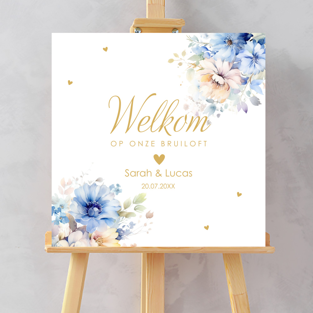 Welkomstbord bruiloft blauw peach bloemen 70x70 cm