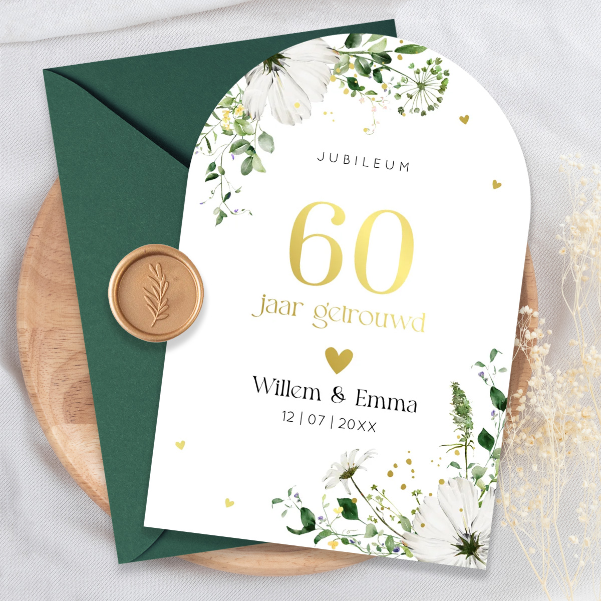Jubileumkaart uitnodiging 60 jaar getrouwd botanisch groen goudfolie