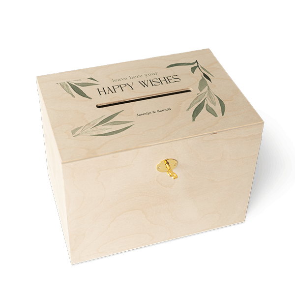Bruiloft enveloppendoos hout met blaadjes