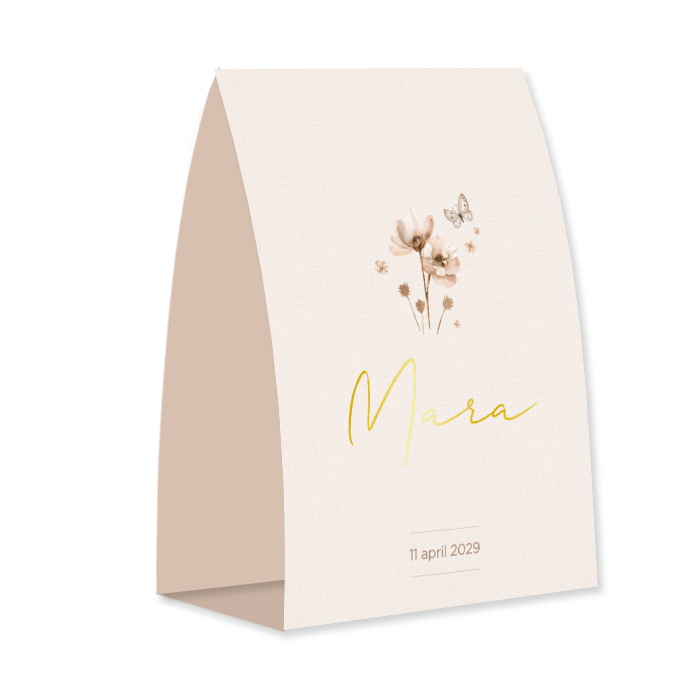 Linnenlook geboortekaartje tentvorm met bloemetjes en goudfolie