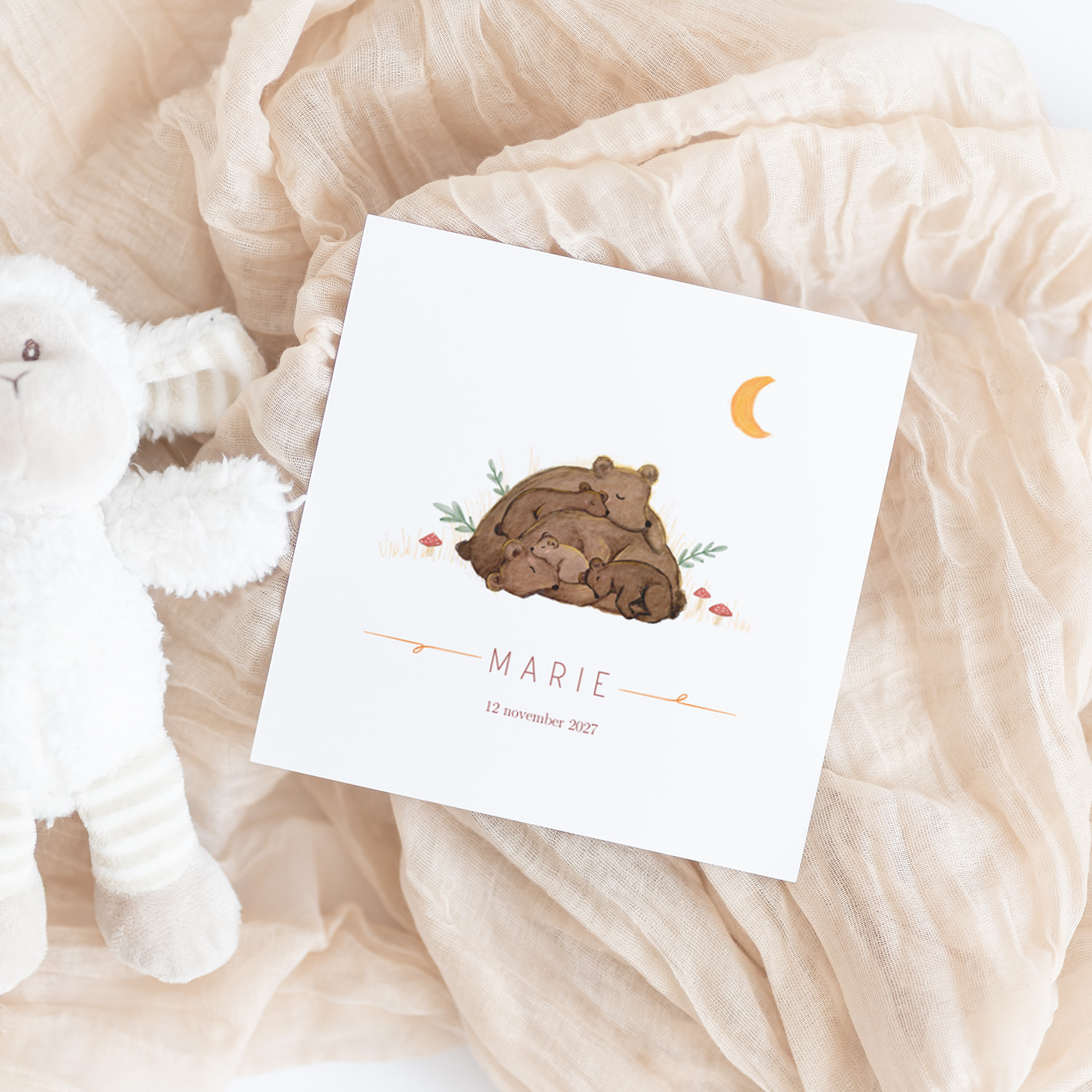 Geboortekaartje met slapende beertjes - herfst