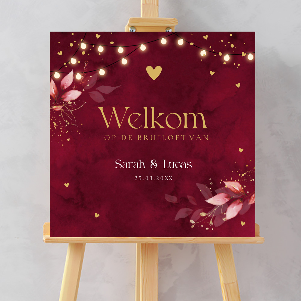 Bruiloftsbord rood botanisch lampjes 70x70 cm