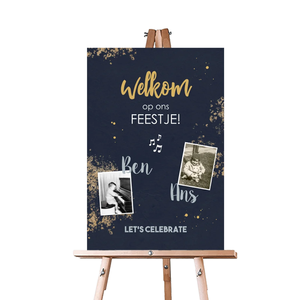 Donkerblauw welkomstbord voor verjaardag met foto's