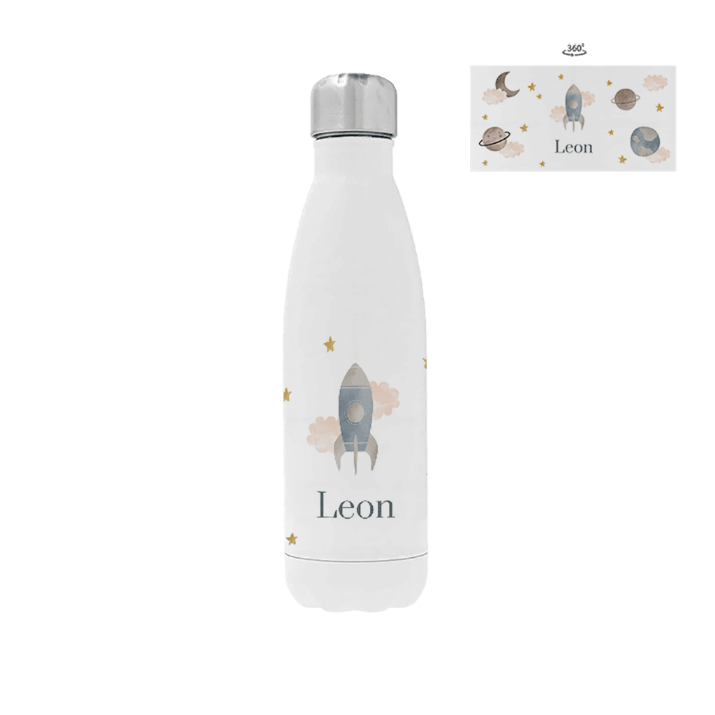 Trinkflasche aus Edelstahl mit Namen, Rakete und Planeten