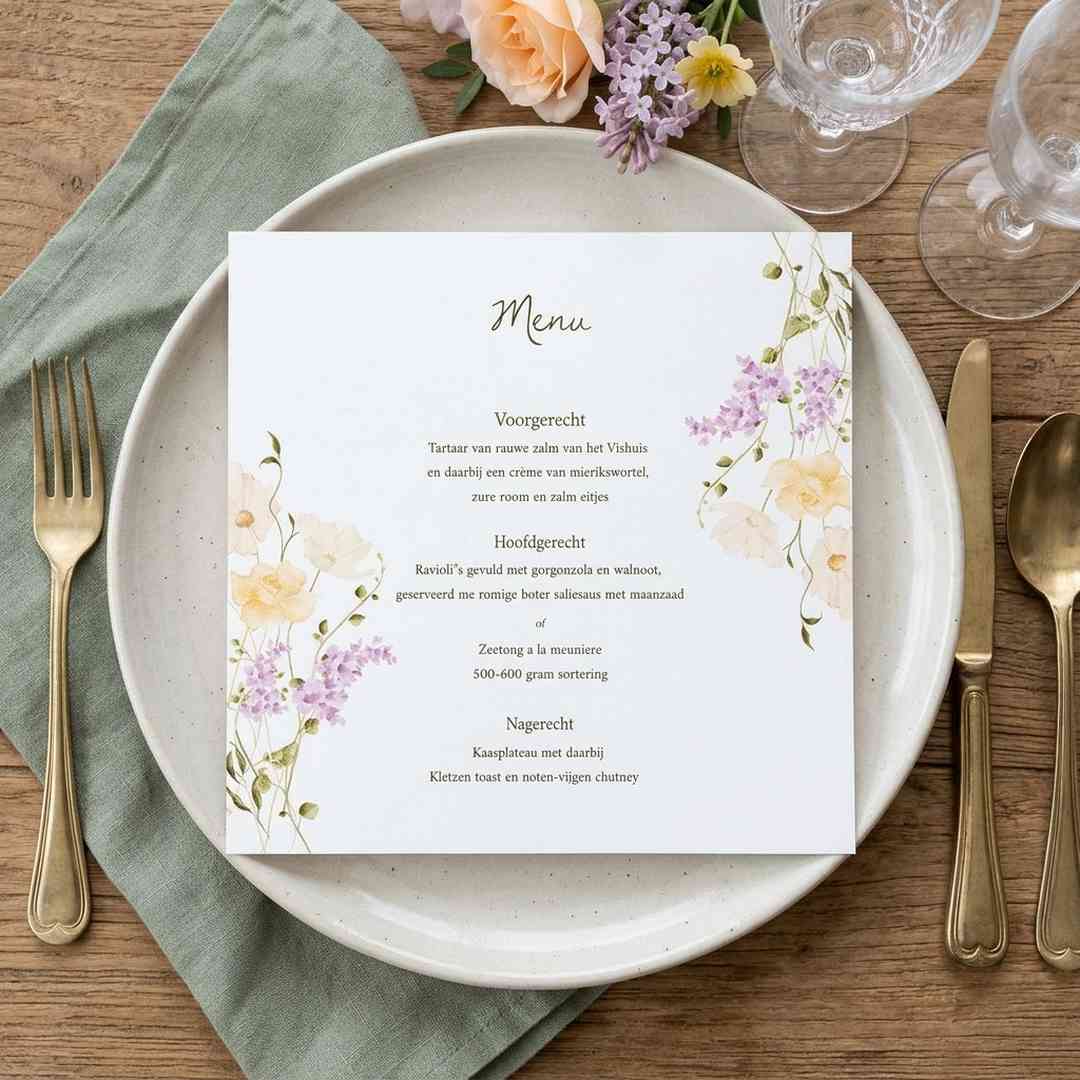 Menukaart bruiloft diner pastel veldbloemen