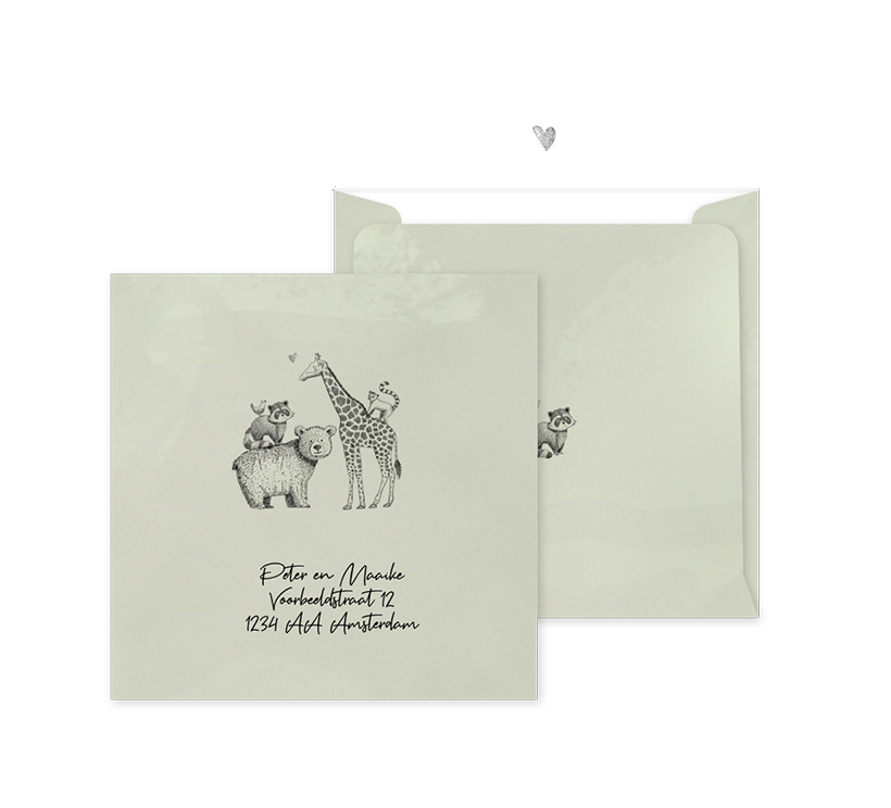 Avontuurlijke envelop op maat met groene velvet-look en jungledieren