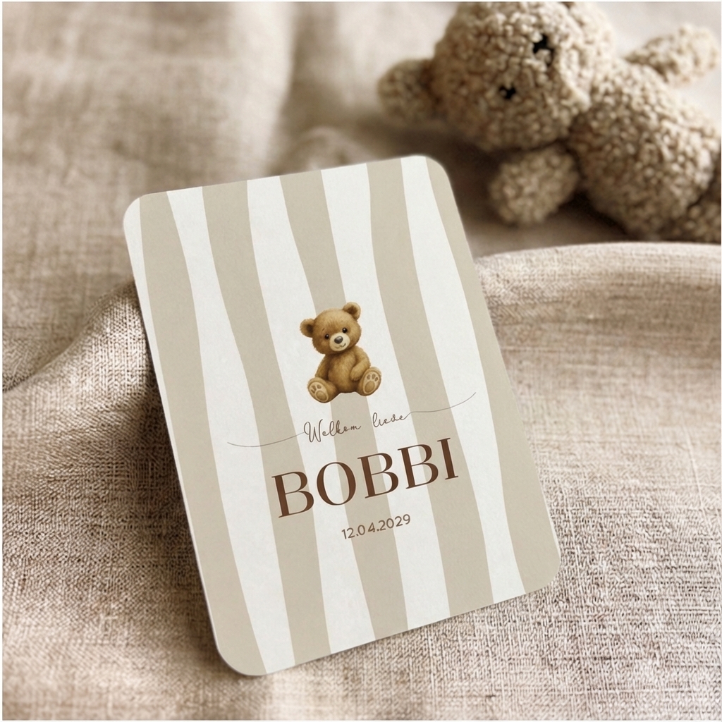 Geboortekaartje Jongen Hartje gestreept teddybeertje