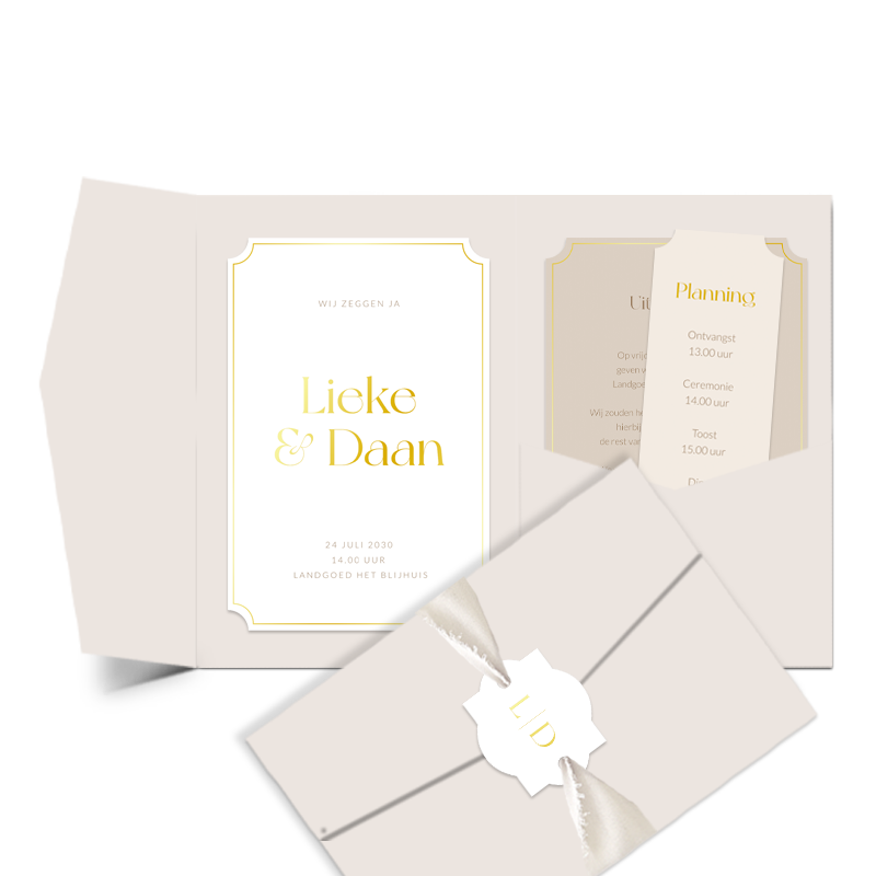 Klassieke trouwkaart met pocketfold mapje, echt lint en goudfolie