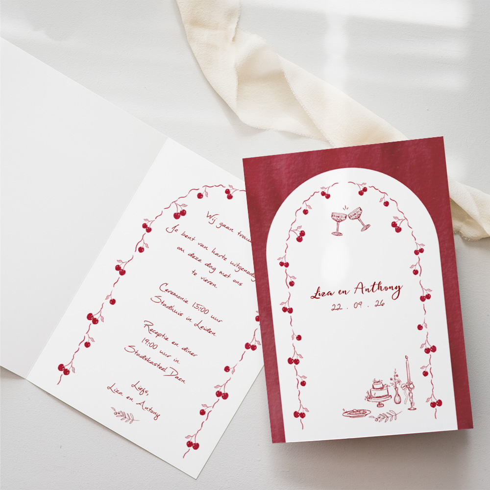Trouwkaart kersenrood met potloodillustraties
