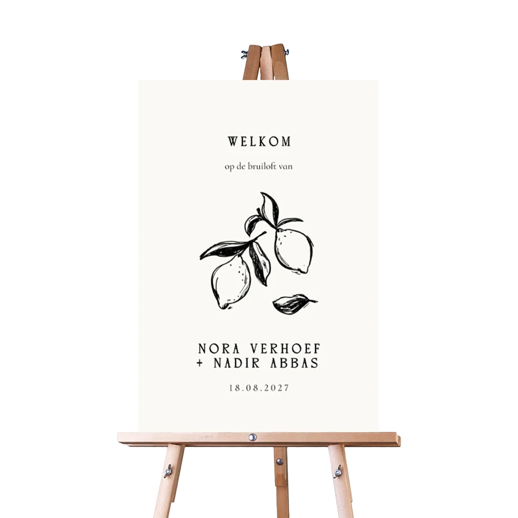 Welkomstbord met handgeschilderde citroenen in zwart wit