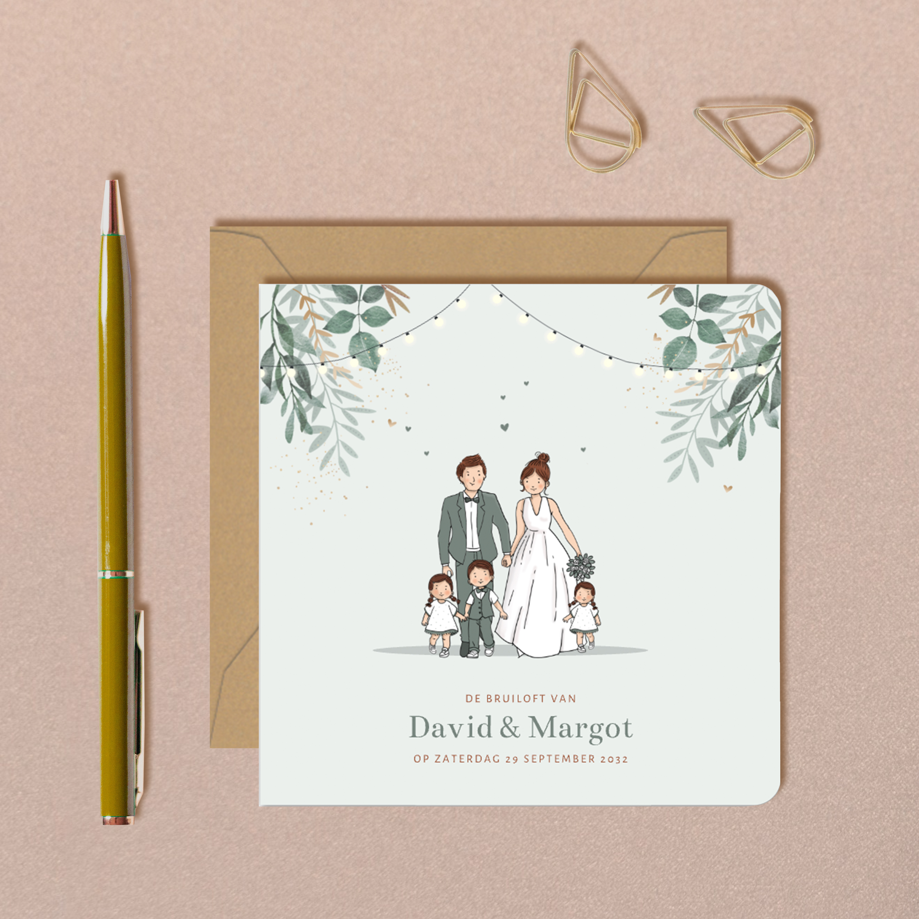 Trouwkaart illustratie van gezin met hartjes en groen