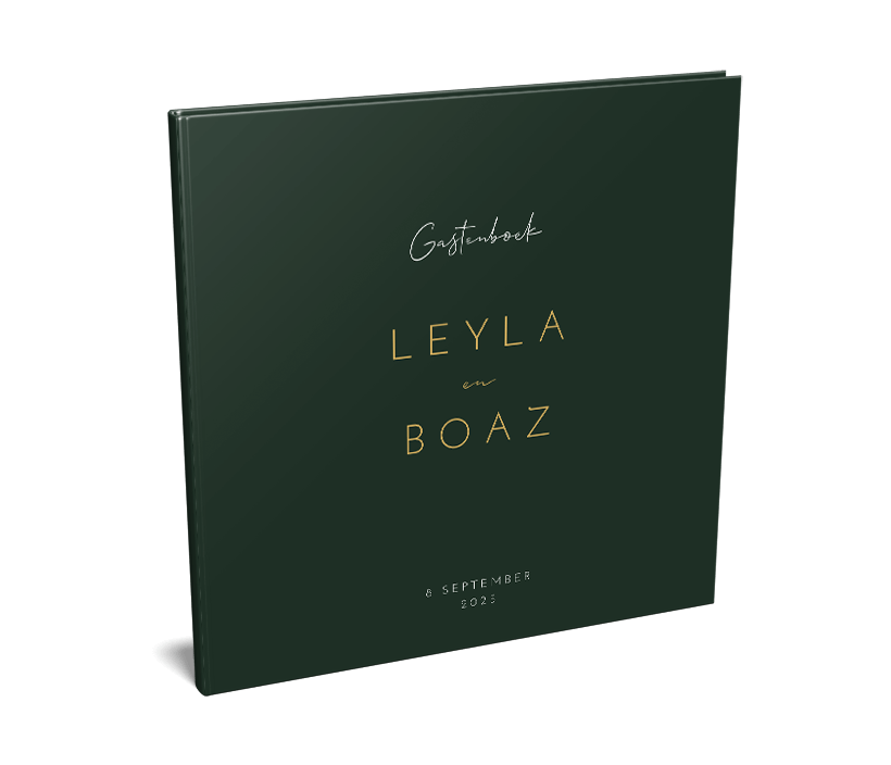 Minimalistisch gastenboek op donkergroen en gouden letters