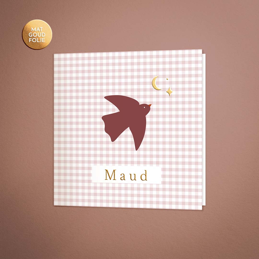 Geboortekaartje ruitje en boho vogel meisje