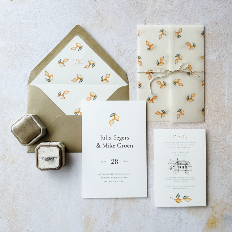 trouwkaart citroentjes kalkpapier omslag