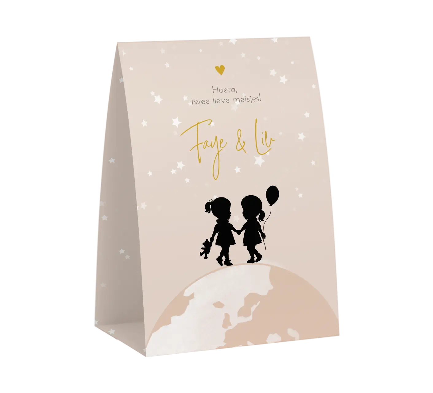 Tentvorm geboortekaartje tweeling met silhouetjes op wereldbol
