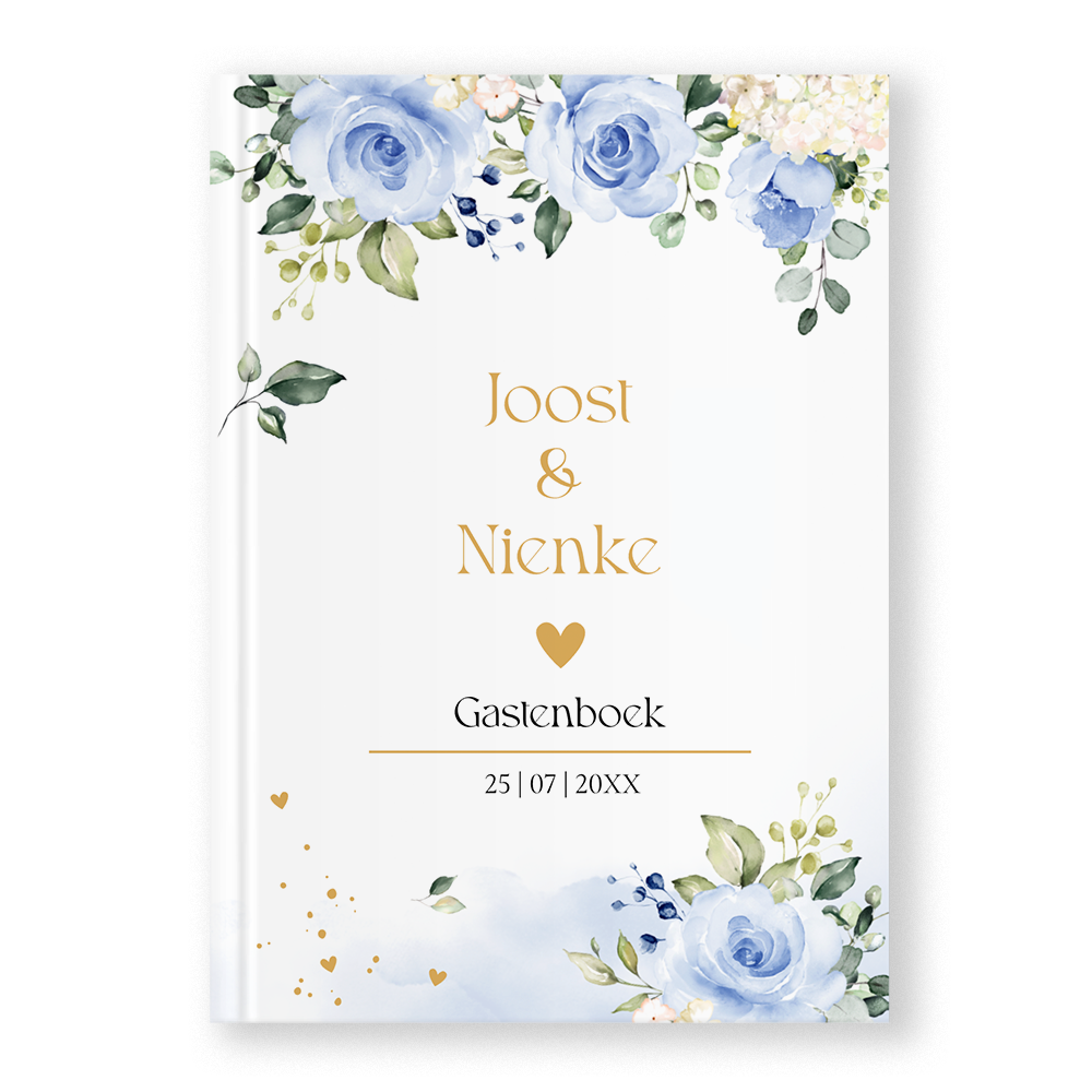 Gastenboek huwelijk bloemen blauw aquarel rozen