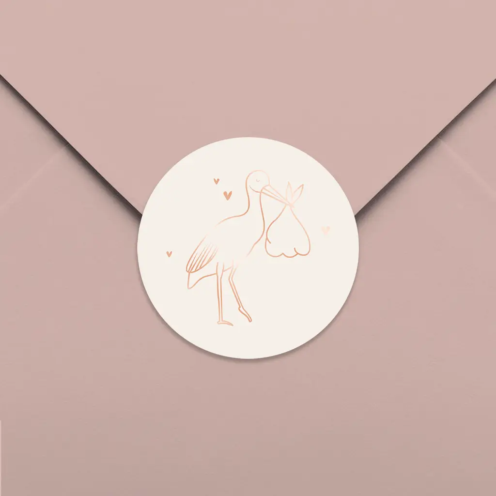 Sluitsticker roségoudfolie met ooievaar en hartjes - per vel