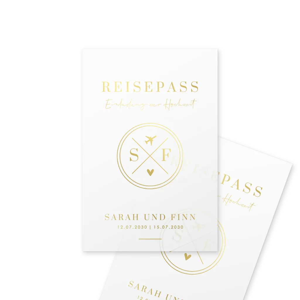Deckblatt aus Transparentpapier im Reisepass-Stil mit Goldfolie