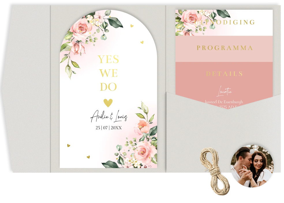 Pocketfold trouwkaart rozen bloemen goudfolie | Pink Floral