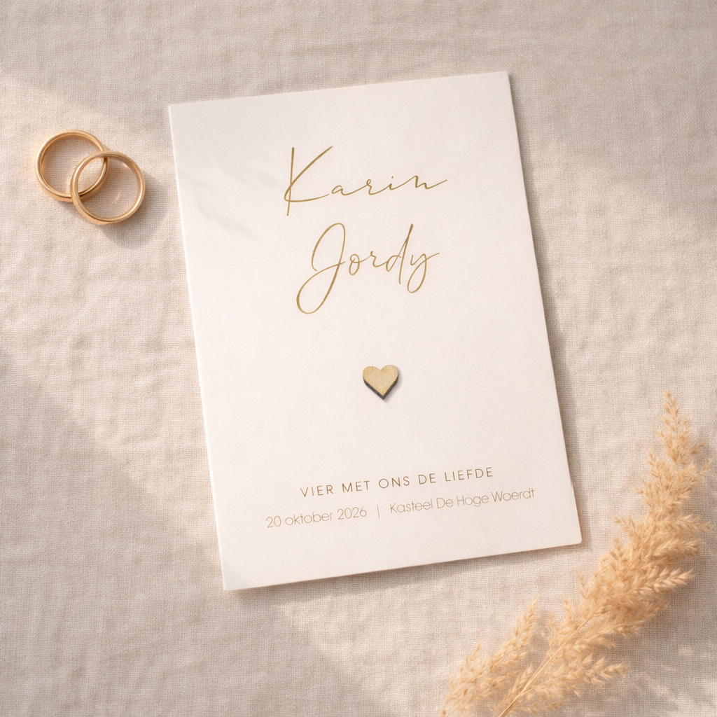 Eenvoudige trendy trouwkaart met echt houten hartje