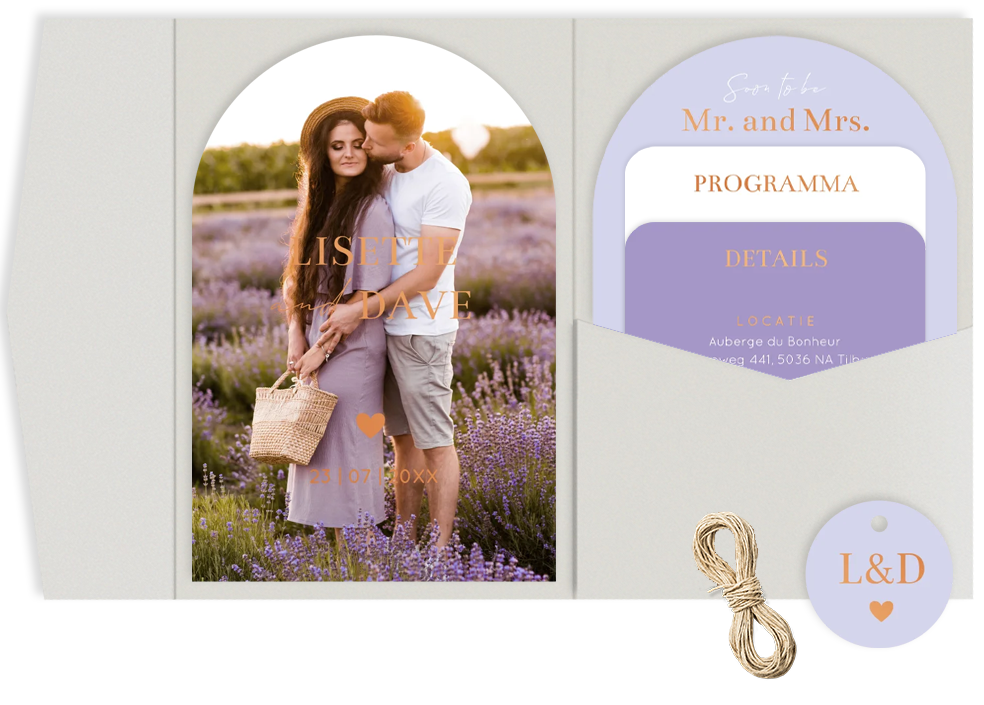 Pocketfold trouwkaarten set paars lila boog vorm koperfolie