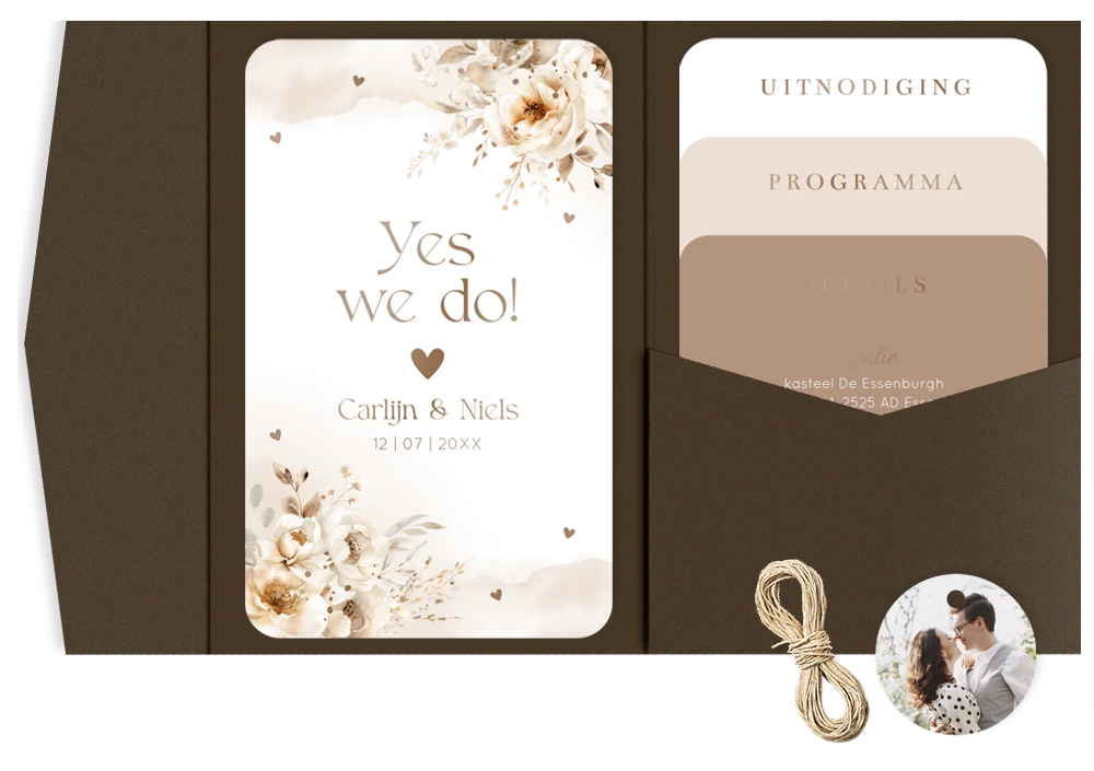 Pocketfold trouwkaart beige bloemen foliedruk