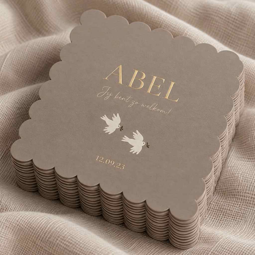 Een klassiek geboortekaartje taupe met twee duifjes met olijftakje