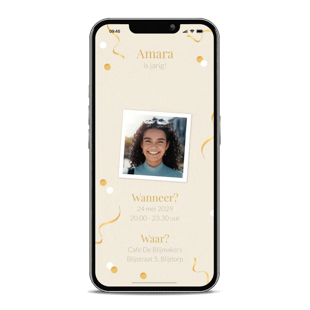 Bewegende verjaardag uitnodiging met confetti en party ballonnen
