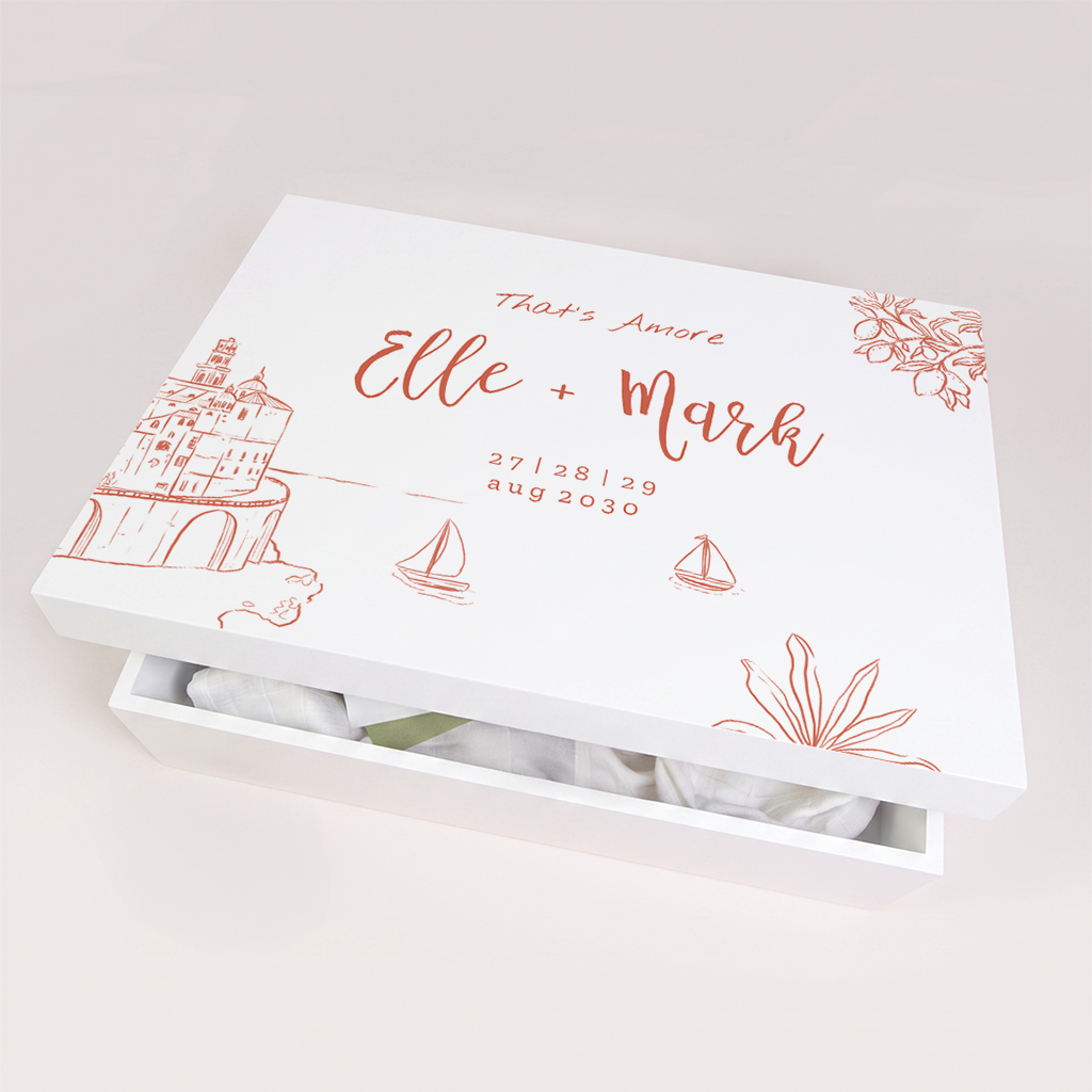 Memorybox huwelijk in Italiaanse stijl met strepen en illustraties