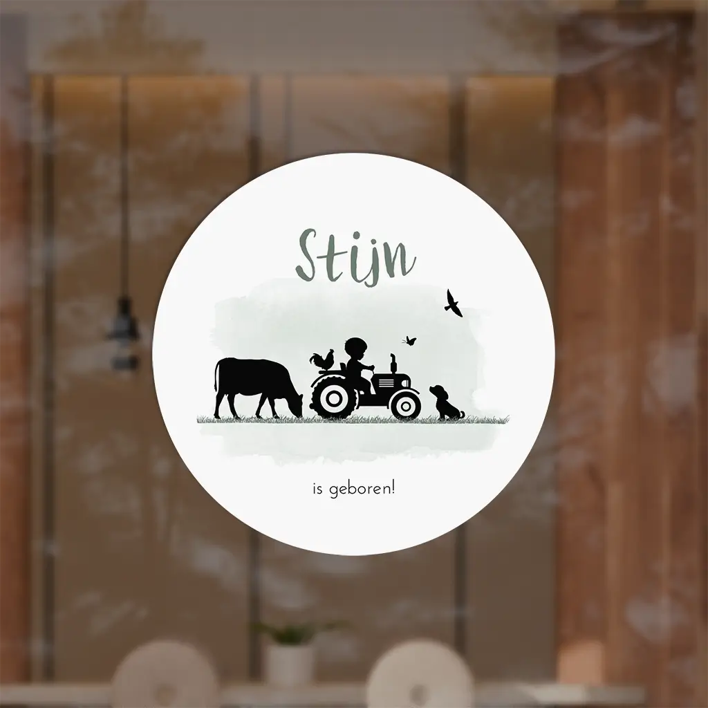 Lieve raamsticker met watercolour en silhouetjes van boerderij dieren