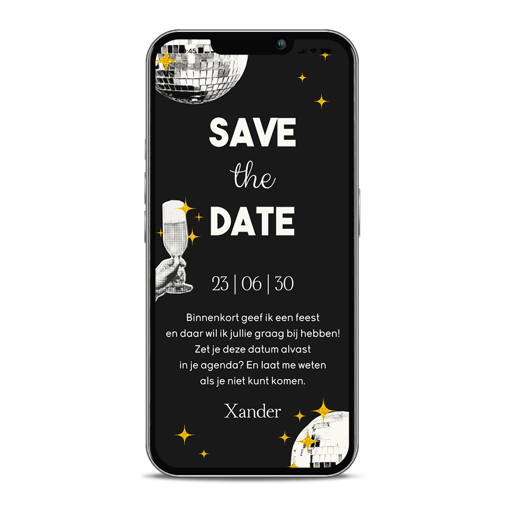 Digitale Save the Date uitnodiging verjaardagsfeest met discobal