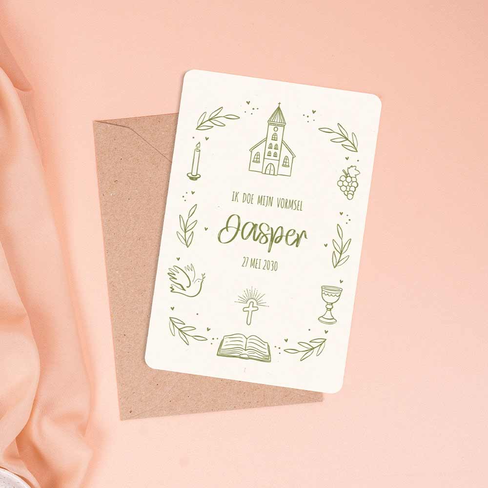 Uitnodiging vormsel met groene lijntekeningen 