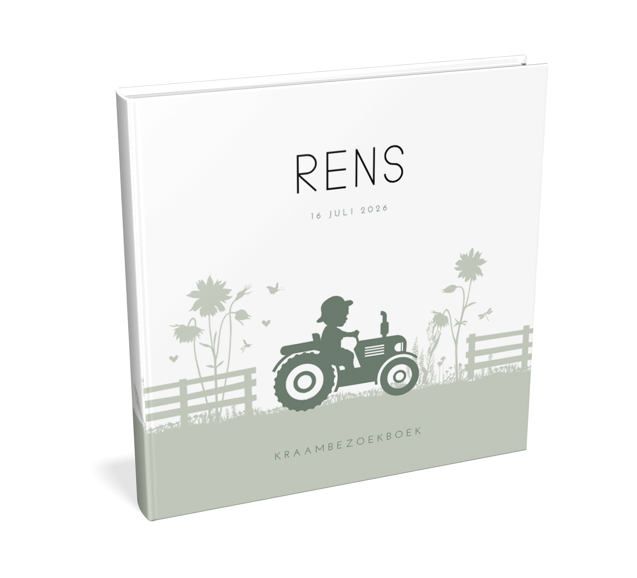 Kraambezoekboek groen met silhouet jongen op traktor