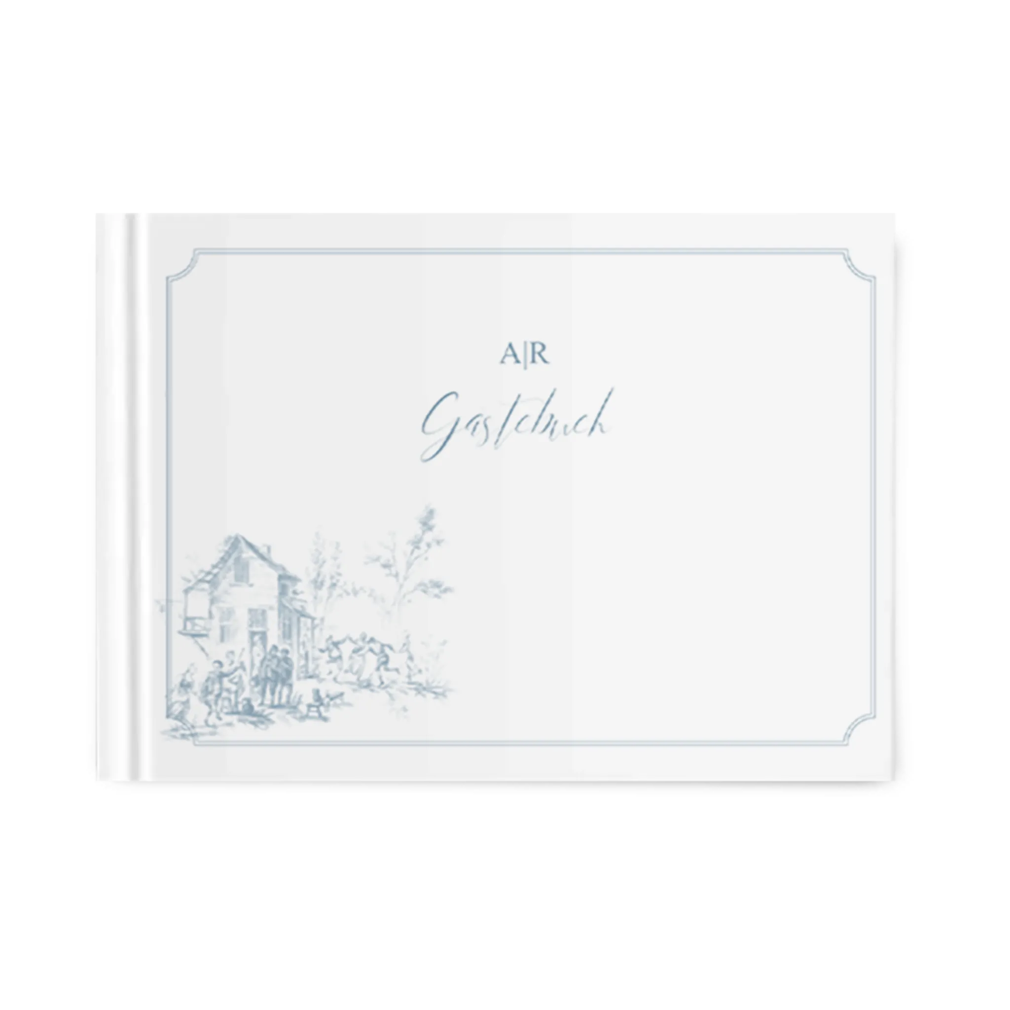 Klassisches Gästebuch mit blauem Toile-de-Jouy auf weißem Hintergrund