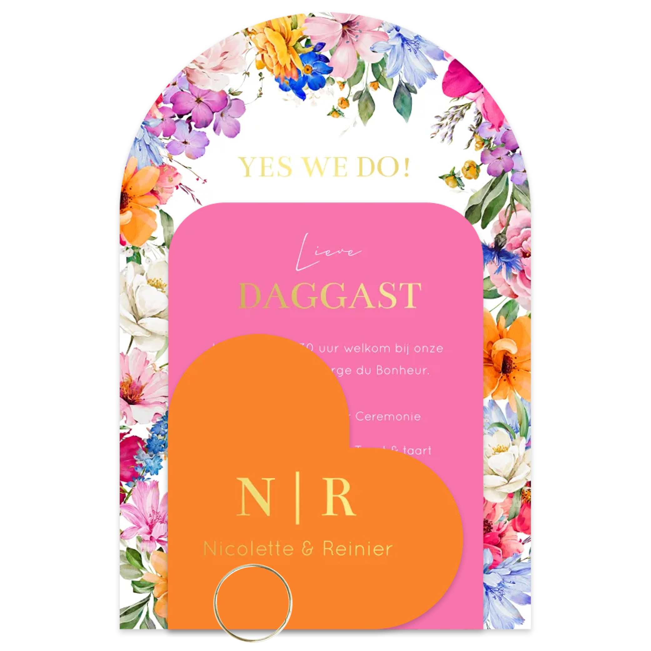 Trouwkaart labelkaart hartje bloemen oranje roze Bright Flowers
