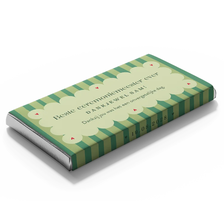 Chocoladereep met gepersonaliseerde wikkel bedankje ceremoniemeester groen gestreept