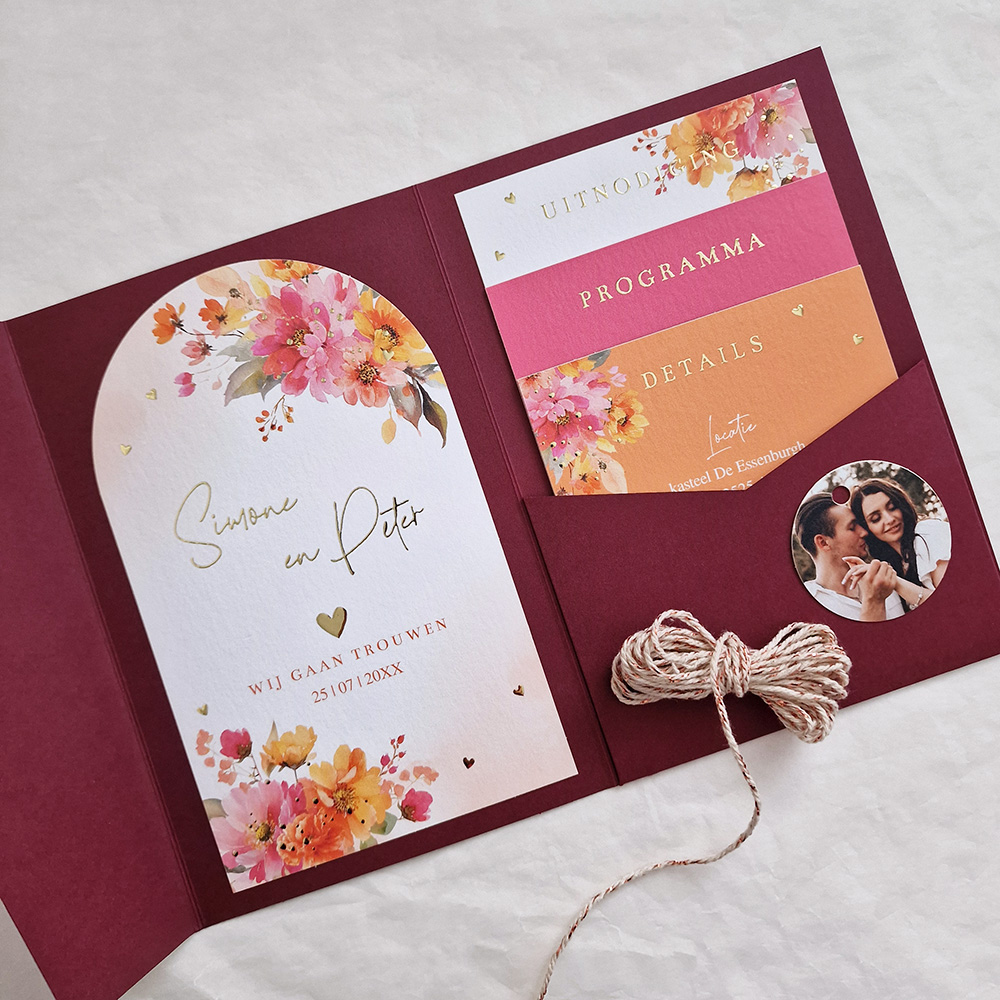 Pocketfold trouwkaart Pink Orange bloemen goudfolie