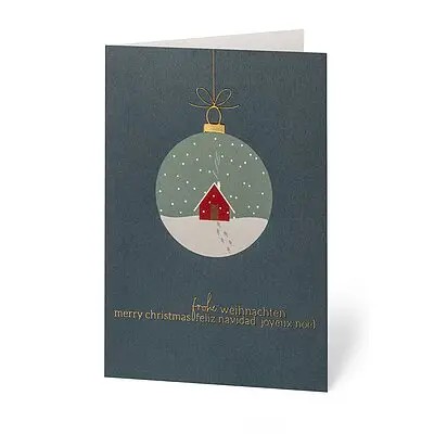 Geschäftliche Weihnachtskarte verschneite Weihnachtskugel mit Goldfolienprägung 