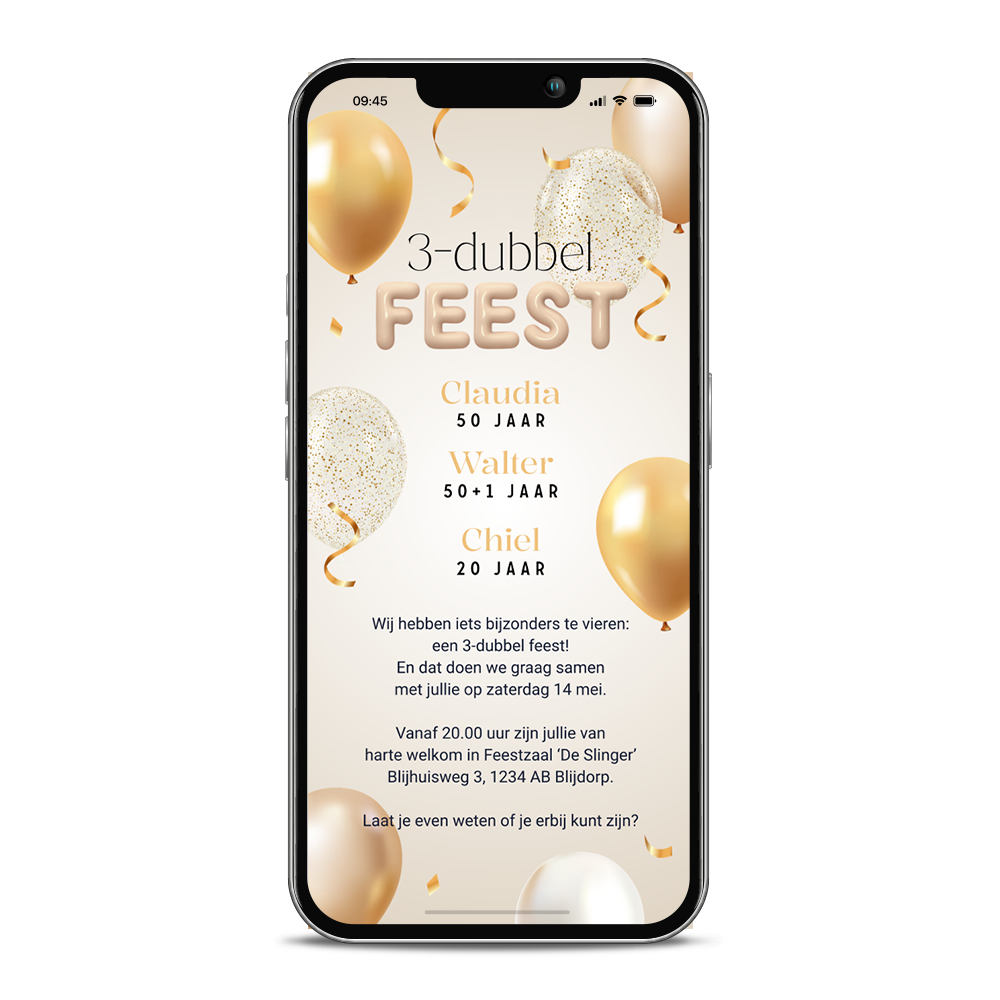 Digitale driedubbel verjaardagsuitnodiging met confetti en ballonnen