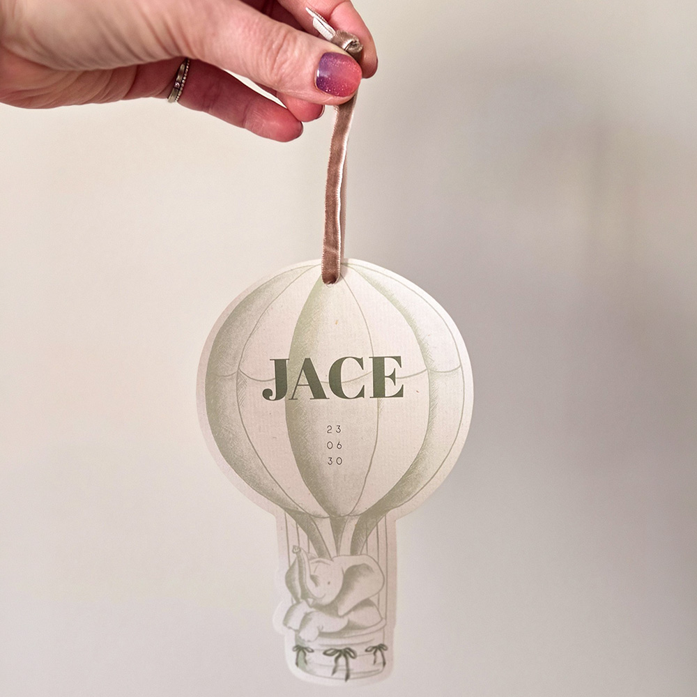 Opvallend geboortekaartje jongen in luchtballon vorm met olifant