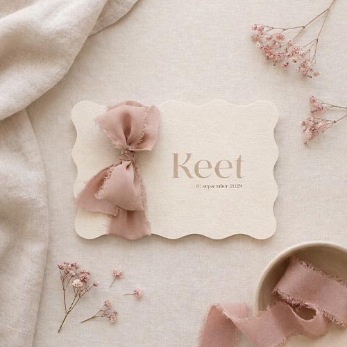 Geboortekaartje meisje linnen schulprand strik