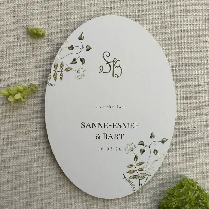 save the date kaart ovaal handgetekend logo botanisch vintage groen