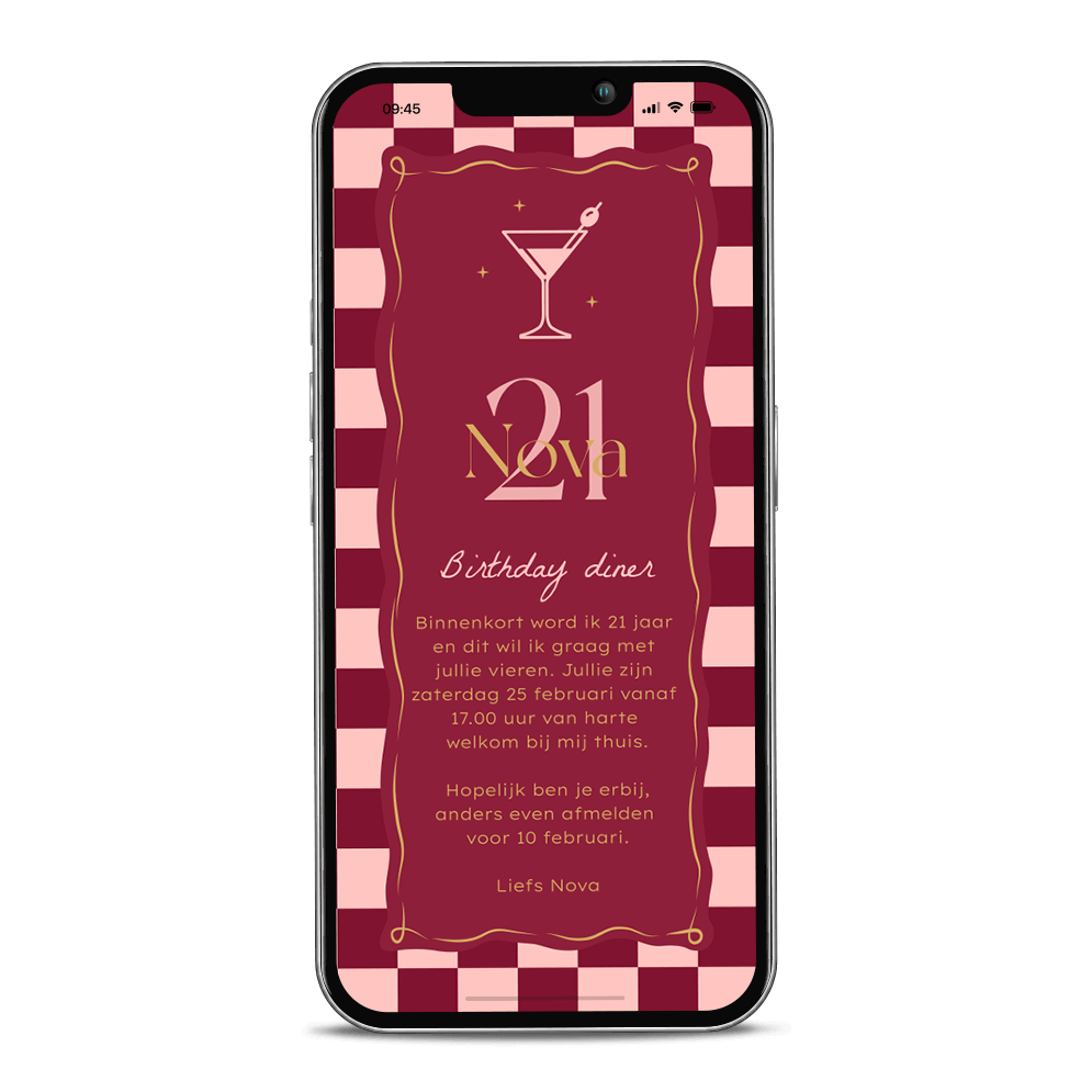 Digitale uitnodiging 21 birthday diner met cocktailglas en blokpatroon
