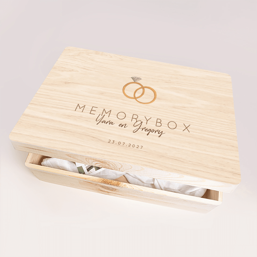 Memorybox bruiloft met illustratie van ringen