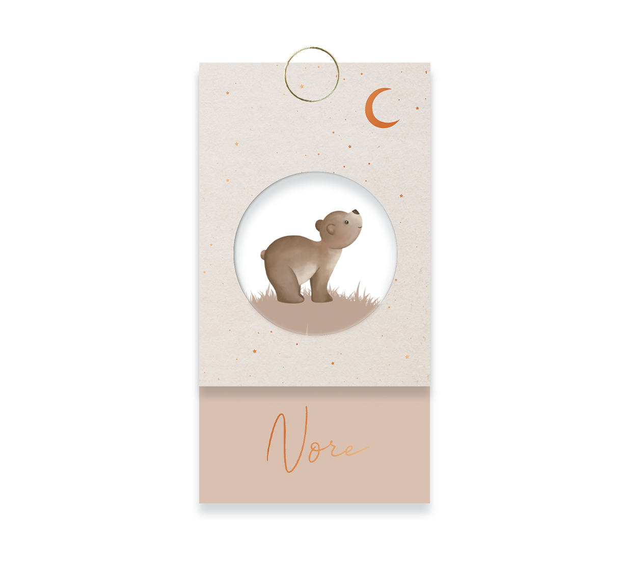 Label geboortekaartje hoogglans met beertje, maan en sterren