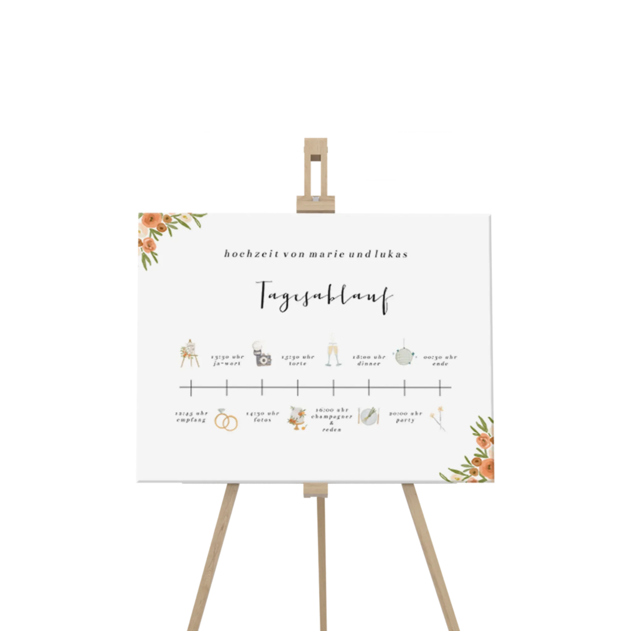 Romantisches Tagesablauf-Schild mit Rosen und Zeitstrahl