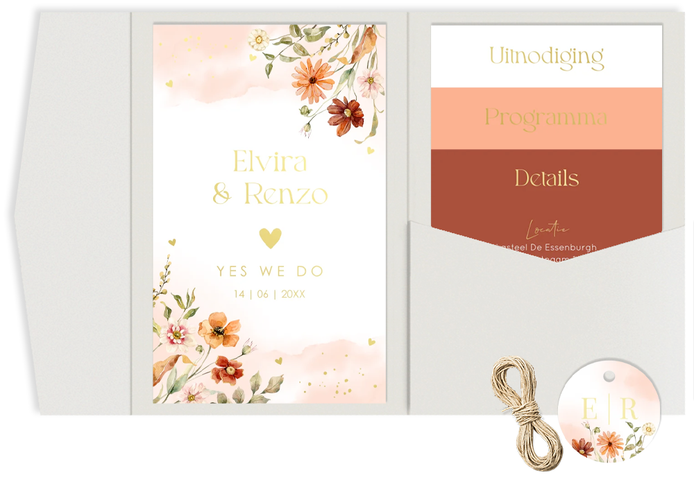 Pocketfold set trouwkaart bloemen pasteloranje goudfolie