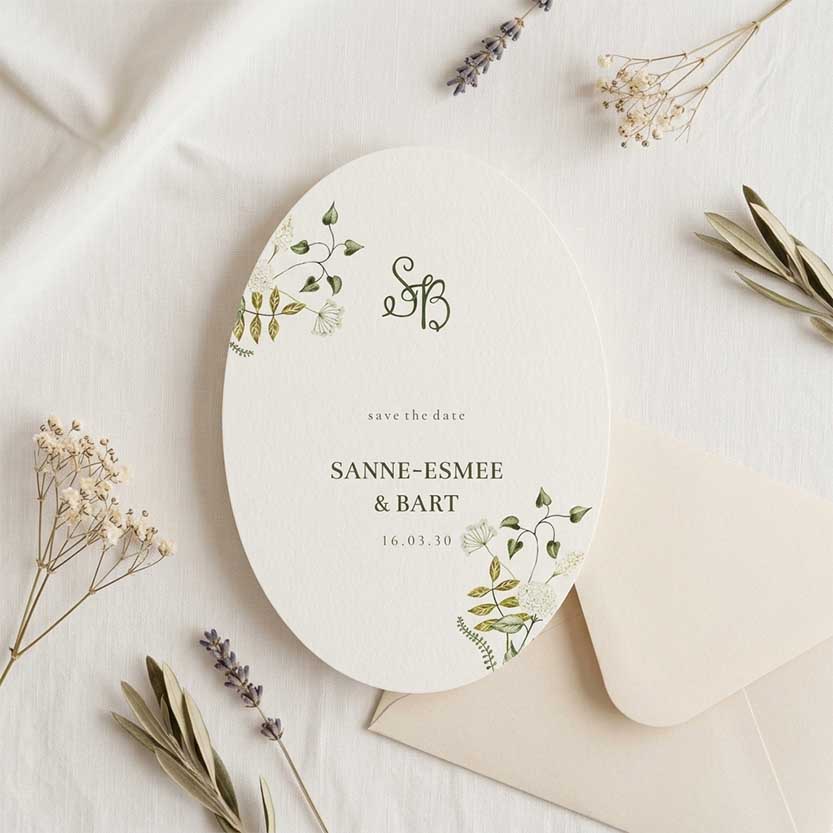 Ovale save the date kaart met botanisch logo in vintage groen
