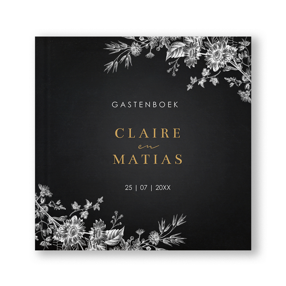 Gastenboek huwelijk zwart botanisch bloemen wit