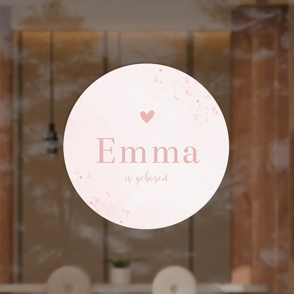 Raamsticker rond met roze spetters, naam en hartje